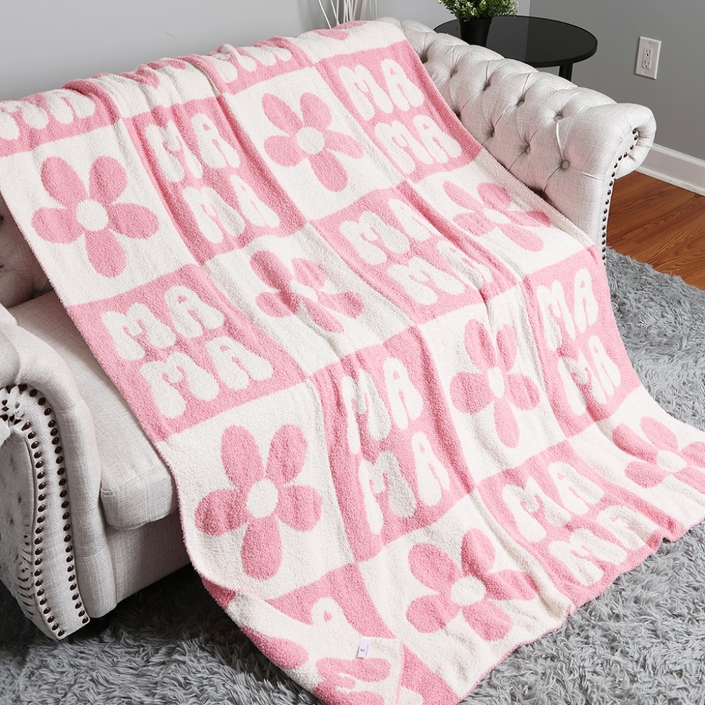 White Pink MAMA Retro Daisy Patterned Blanket Design Reversible Throw Gift